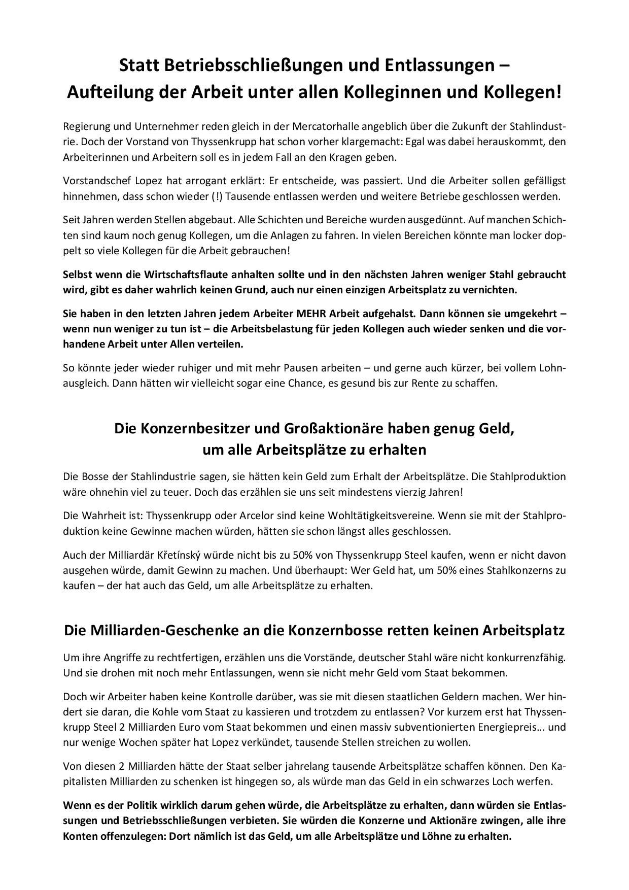 Statt Betriebsschließungen und Entlassungen – Aufteilung der Arbeit unter allen Kolleginnen und Kollegen!