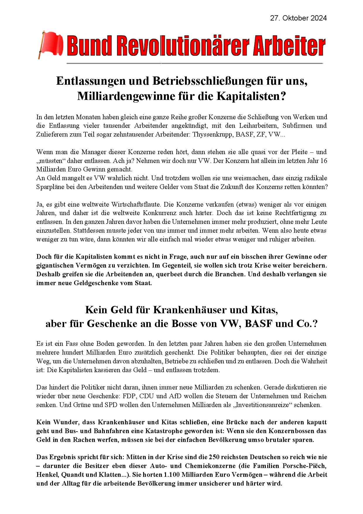 Entlassungen und Betriebsschließungen für uns, Milliardengewinne für die Kapitalisten?