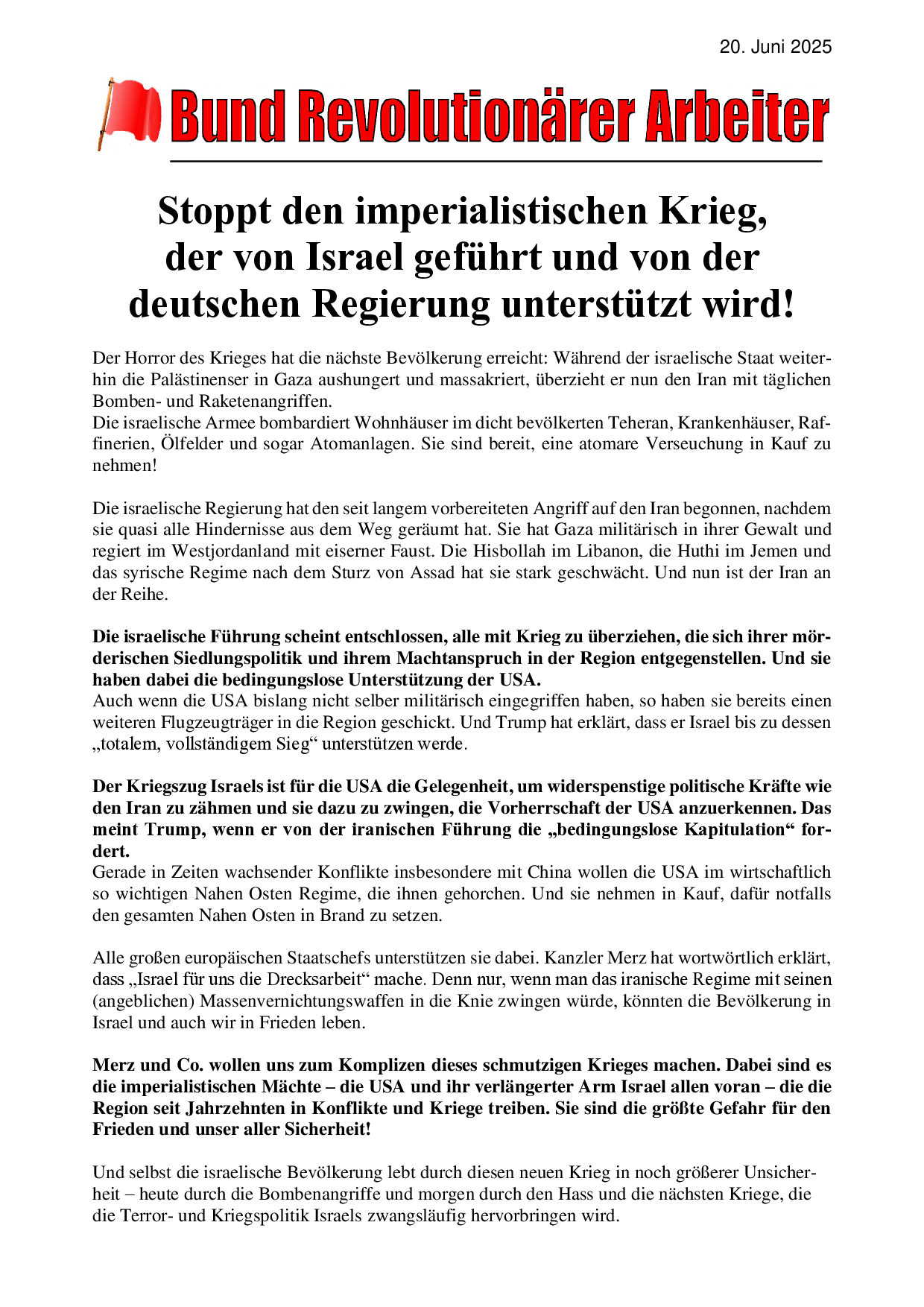 Stoppt den imperialistischen Krieg,der von Israel geführt und von der deutschen Regierung unterstützt wird!