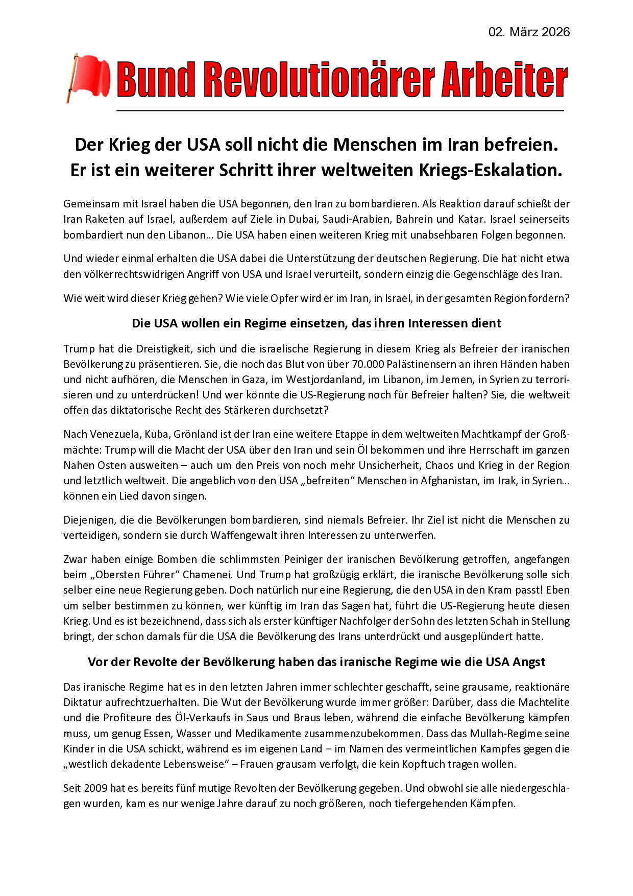 Der Krieg der USA soll nicht die Menschen im Iran befreien.Er ist ein weiterer Schritt ihrer weltweiten Kriegs-Eskalation.