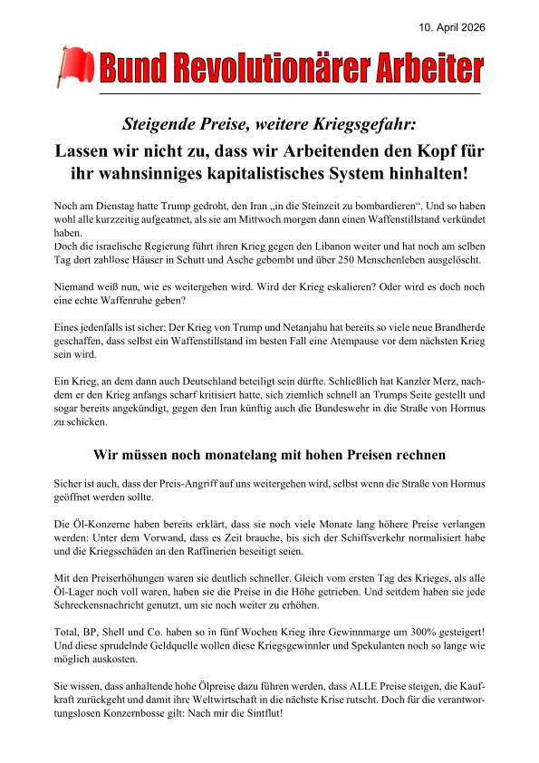 Steigende Preise, weitere Kriegsgefahr: Lassen wir nicht zu, dass wir Arbeitenden den Kopf für ihr wahnsinniges kapitalistisches System hinhalten!