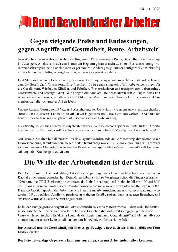 Gegen steigende Preise und Entlassungen, gegen Angriffe auf Gesundheit, Rente, Arbeitszeit!