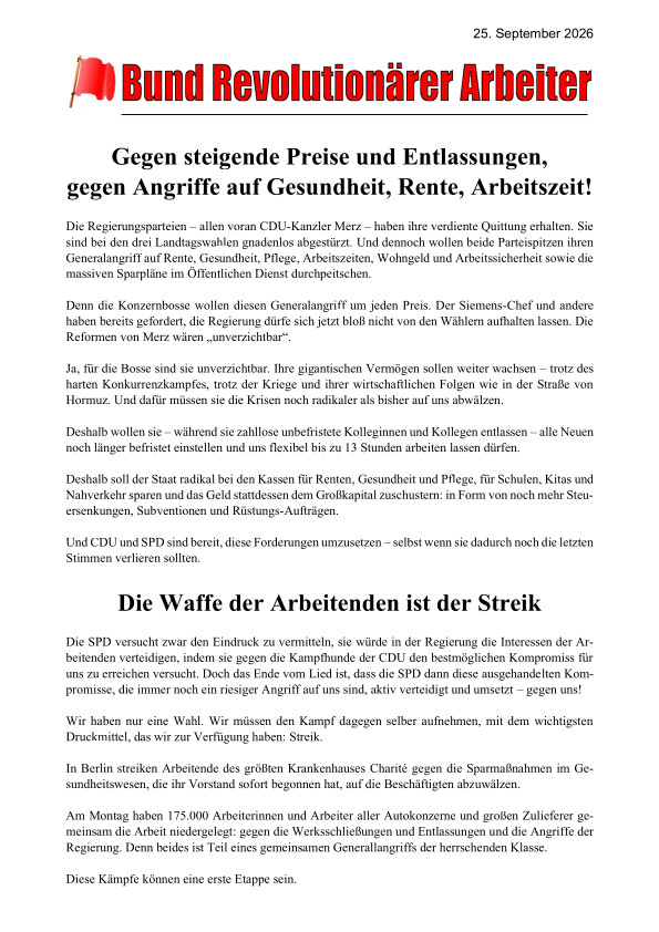 Gegen steigende Preise und Entlassungen, gegen Angriffe auf Gesundheit, Rente, Arbeitszeit!